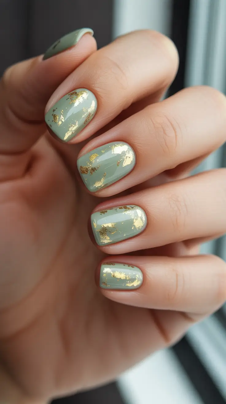 March Nails Ideas 2026 Sage Green Short Nails With Scattered Gold Leaf