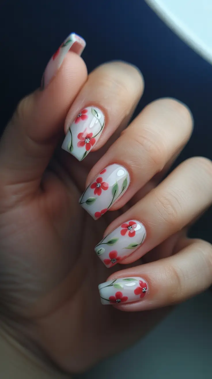 March Nails Ideas 2026 Milky Square Florals With A Glossy Finish