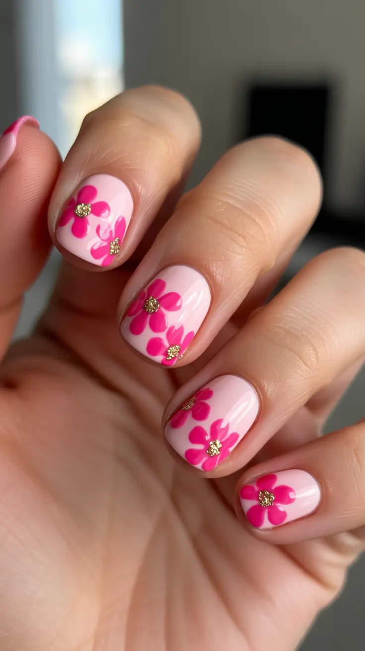 March Nails Ideas 2026 Pink Short Bloom Nails With Gold Sparkle Centers