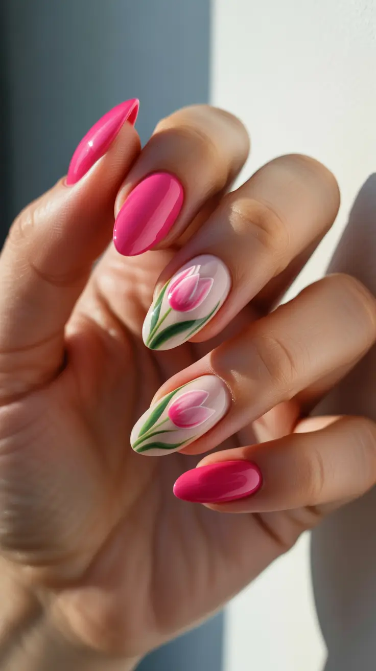 March Nails Ideas 2026 Hot Pink Almond With Soft Tulip Accents