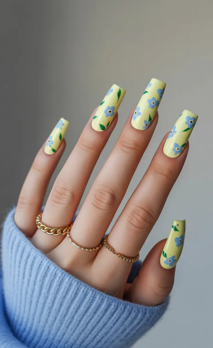 March Nails Ideas 2026 Butter Yellow Florals With Sky Blue Pops