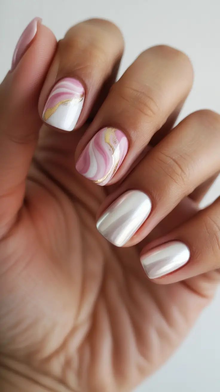 March Nails Ideas 2026 Pearl White With Pink Marble And A Touch Of Gold