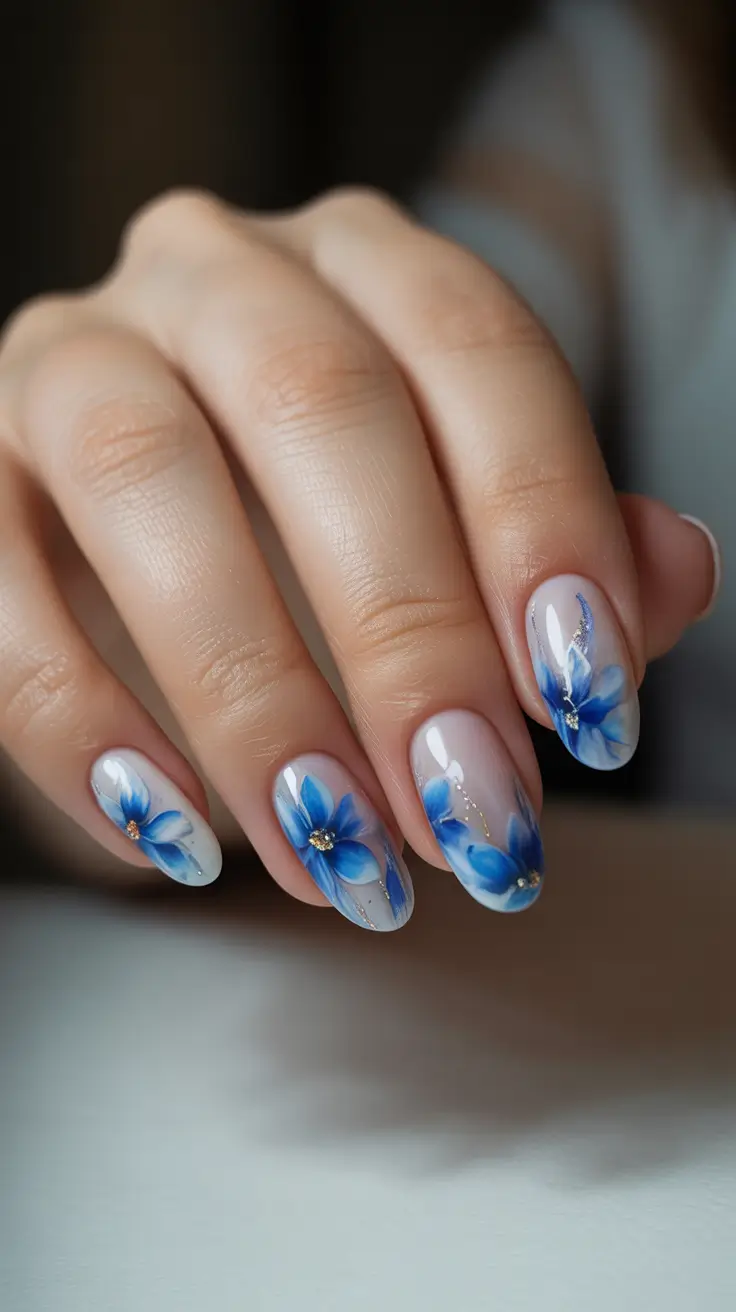 March Nails Ideas 2026 Nude Almond Base With Bold Blue Petals