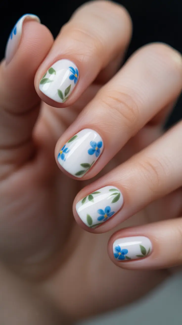 March Nails Ideas 2026 Clean White Short Nails With Tiny Blue Flowers