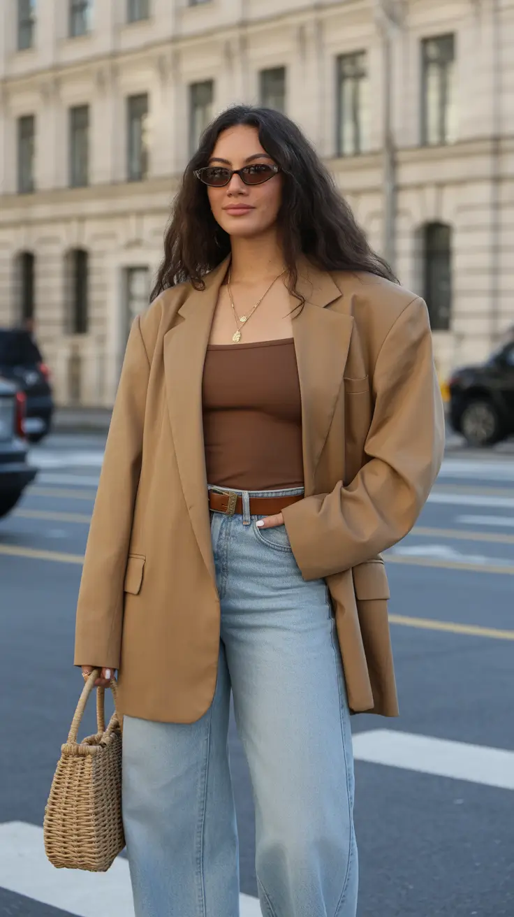 March Outfits Ideas 2026 + Camel Blazer And Light-Wash Denim For Soft Power Spring Style