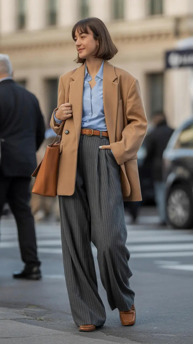 March Outfits Ideas 2026 Camel Blazer And Pinstripe Trousers For Soft Power