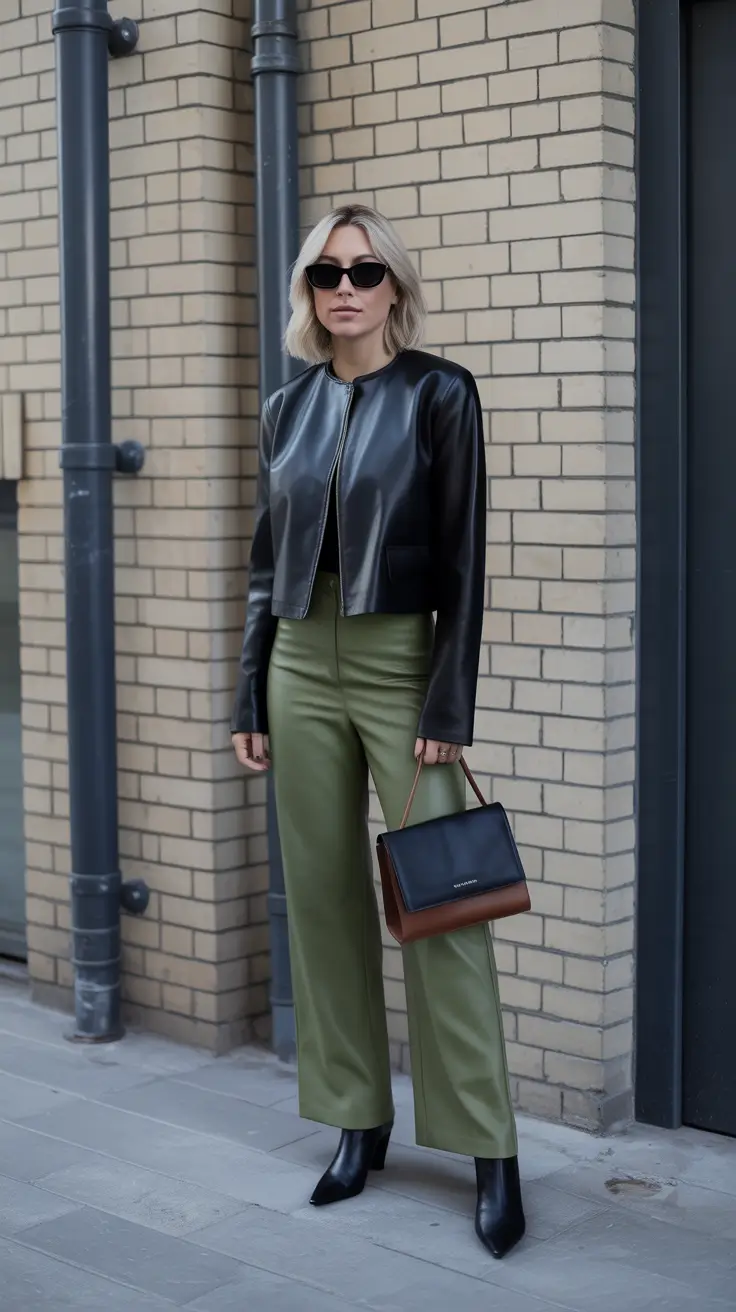March Outfits Ideas 2026 Black Leather Jacket With Olive Trousers And Minimal Edge