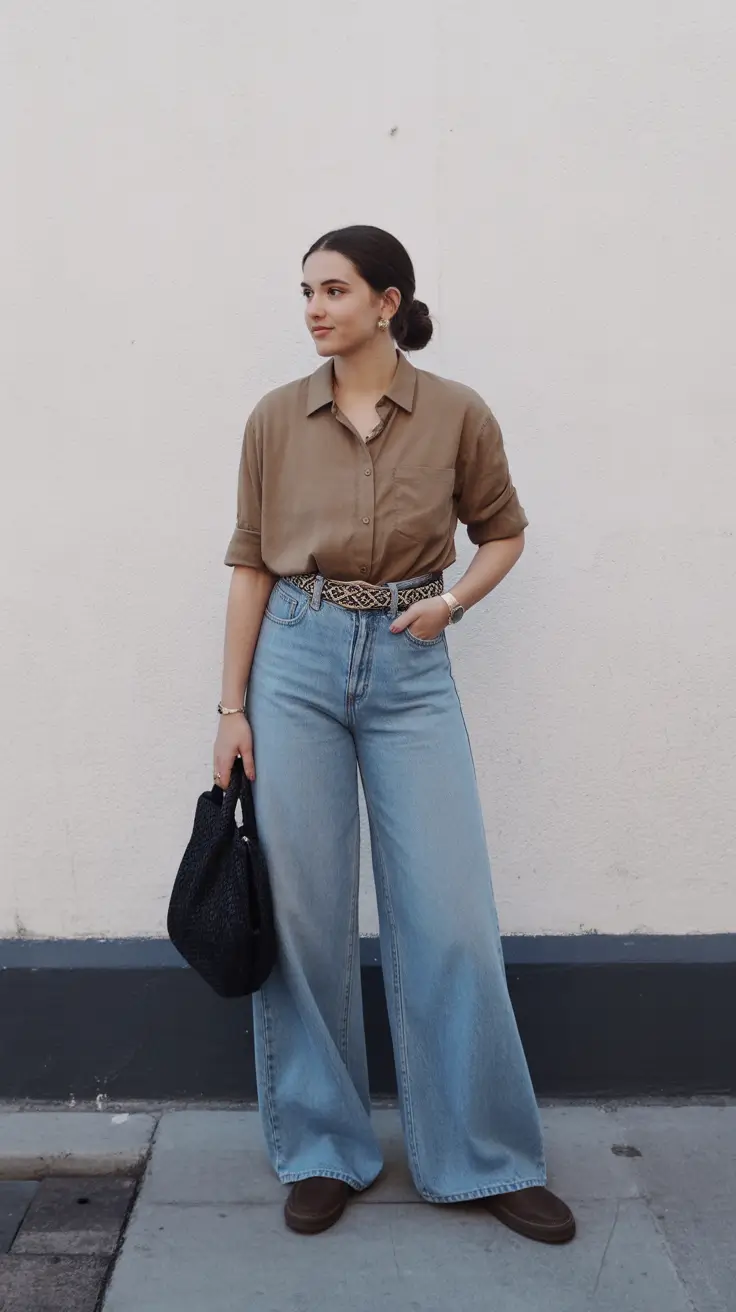 March Outfits Ideas 2026 Neutral Button-Down And Wide-Leg Jeans For Everyday Ease