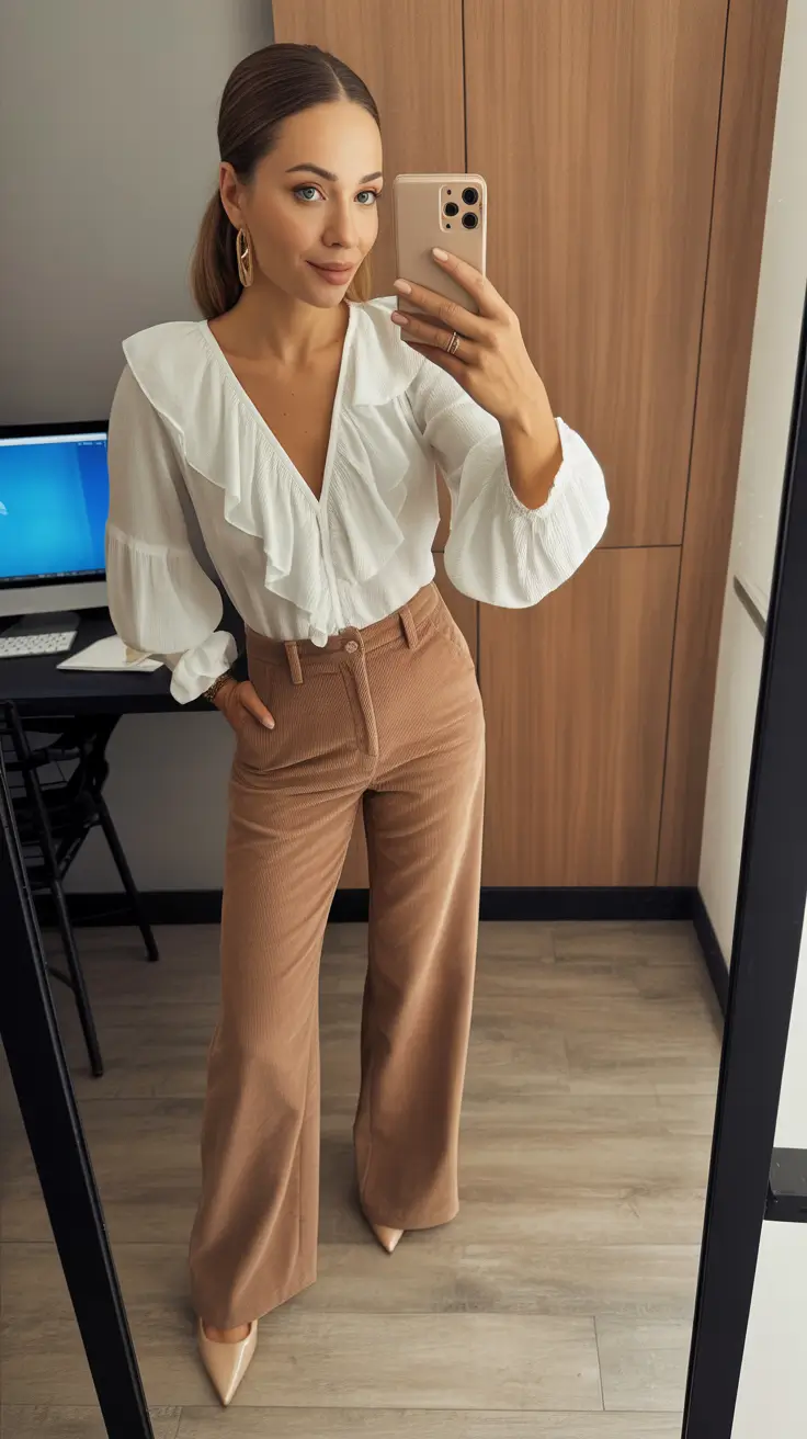 March Outfits Ideas 2026 Ruffled White Blouse And Camel Trousers For Office-To-Dinner Polish