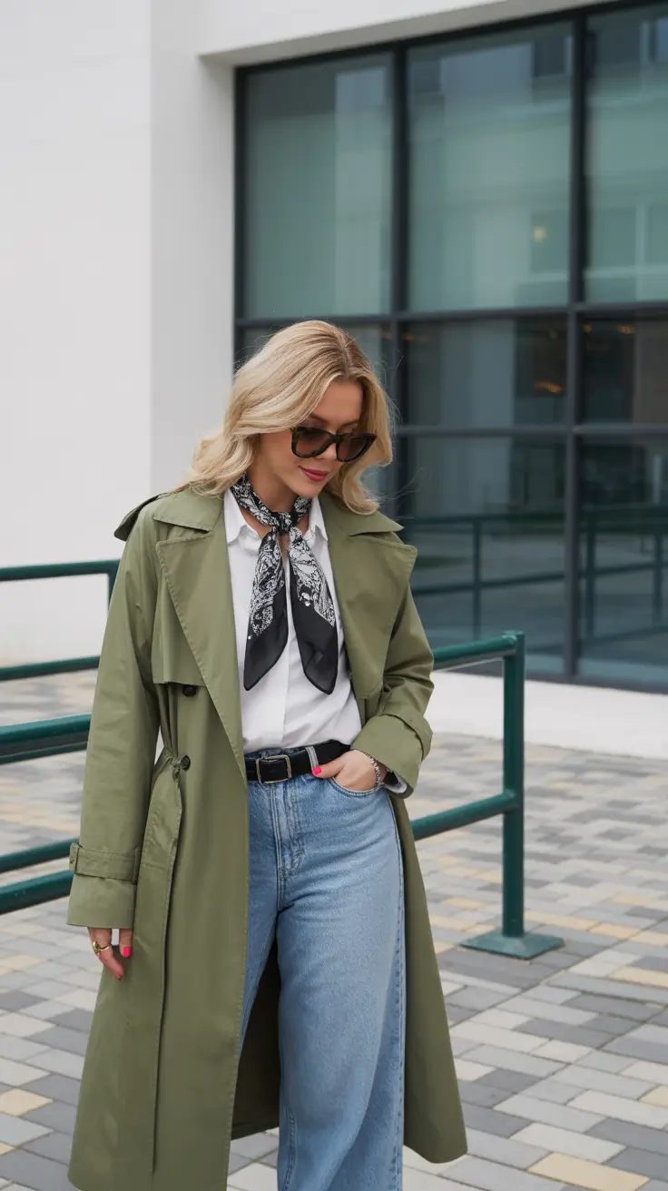 March Outfits Ideas 2026 + Olive Trench And Necktie Scarf For Paris-Style March Layering