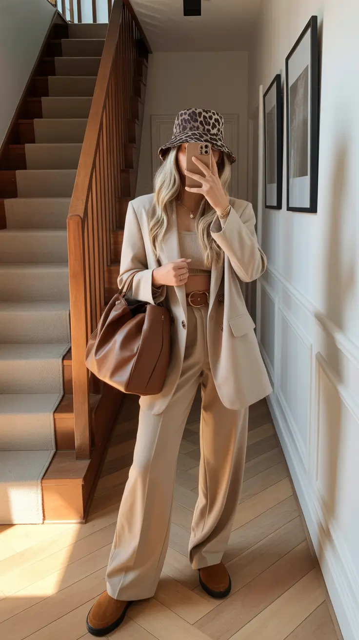 March Outfits Ideas 2026 + Neutral Suit With A Leopard Bucket Hat For Off-Duty Cool