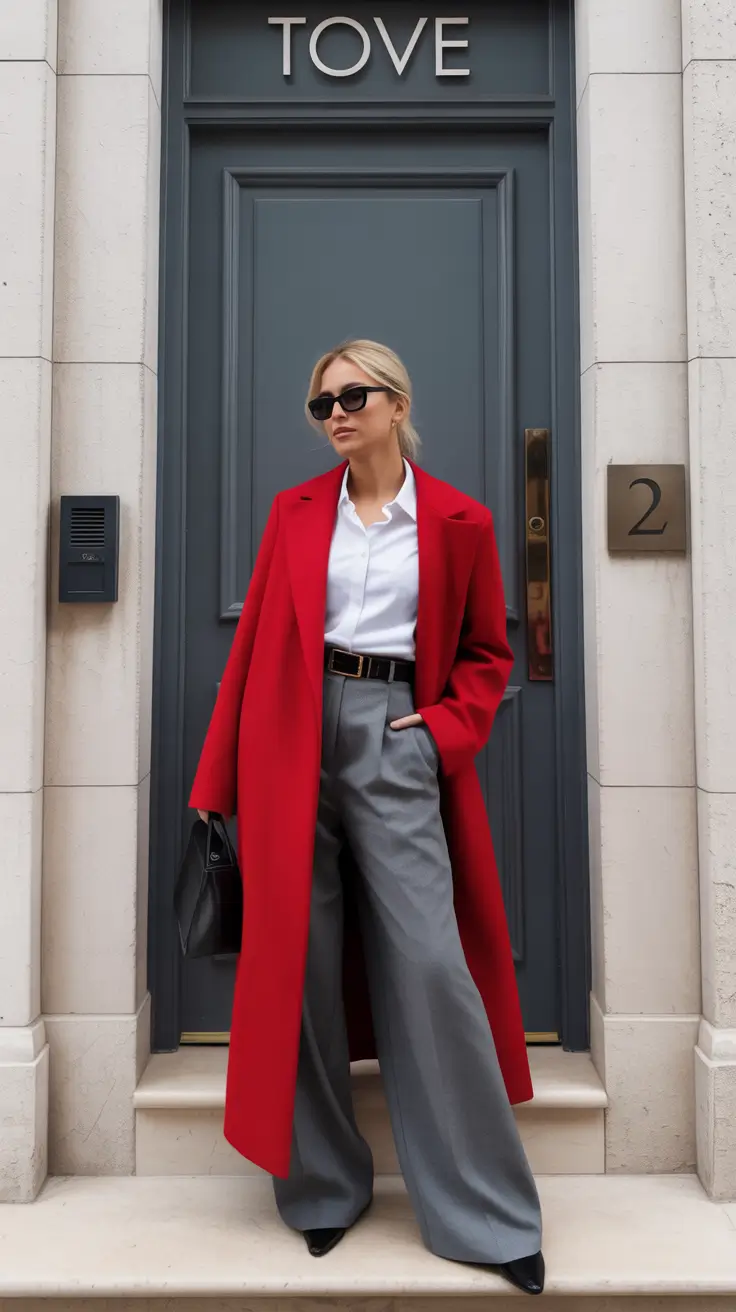 March Outfits Ideas 2026 Red Statement Coat With Cool Gray Tailoring