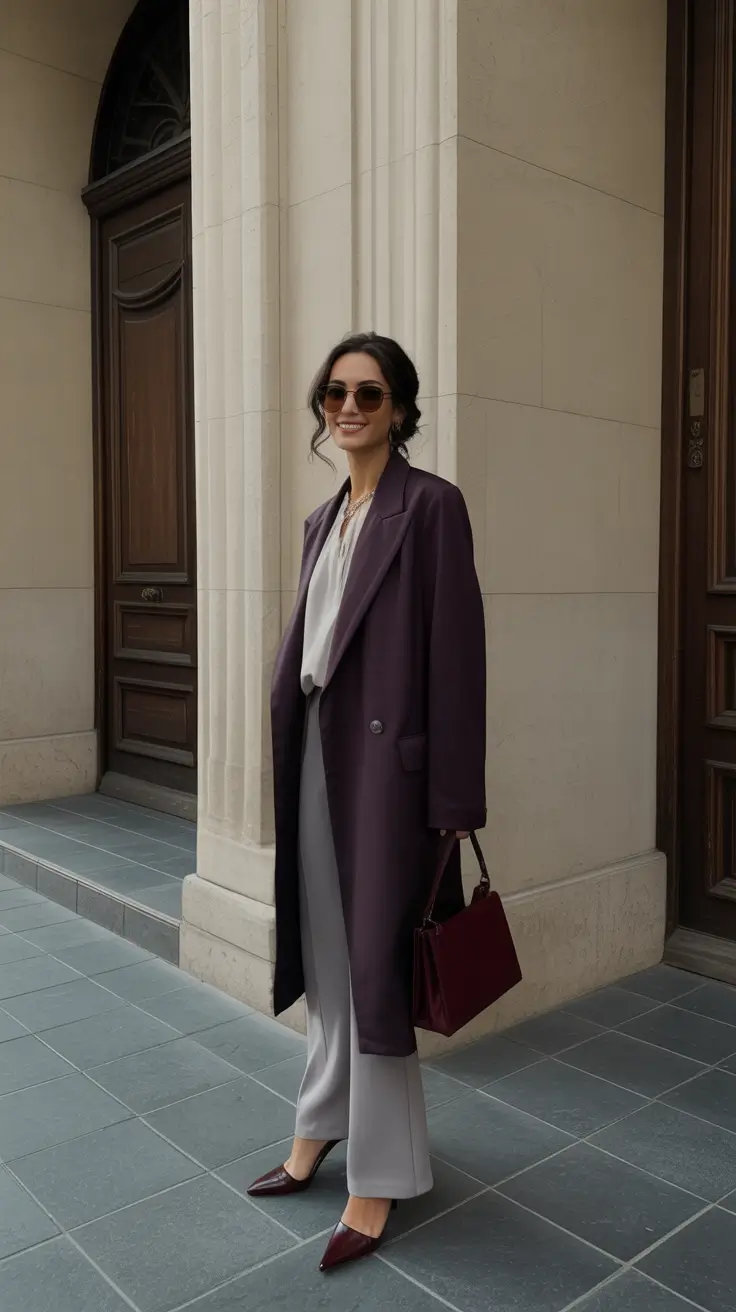 March Outfits Ideas 2026 + Plum Coat And Sleek Trousers For A Moody-Chic March Moment
