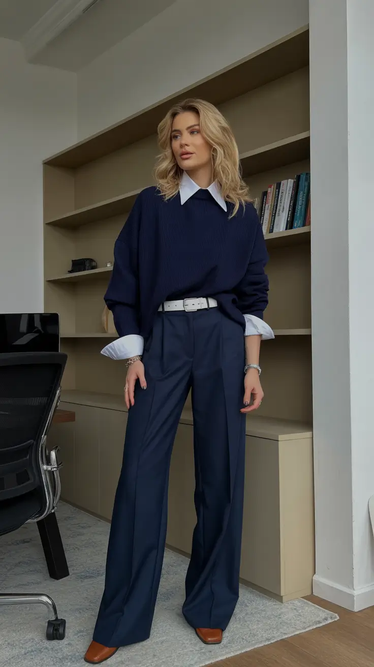 March Outfits Ideas 2026 + Navy Layered Knit And Wide-Leg Trousers For Modern Office Calm