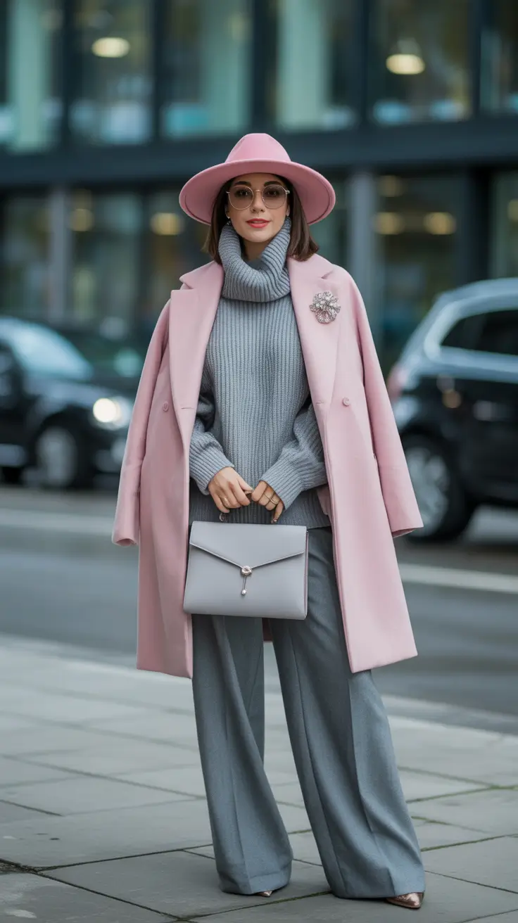 March Outfits Ideas 2026 Soft Pink Coat And Gray Knit For Modern Romantic Energy