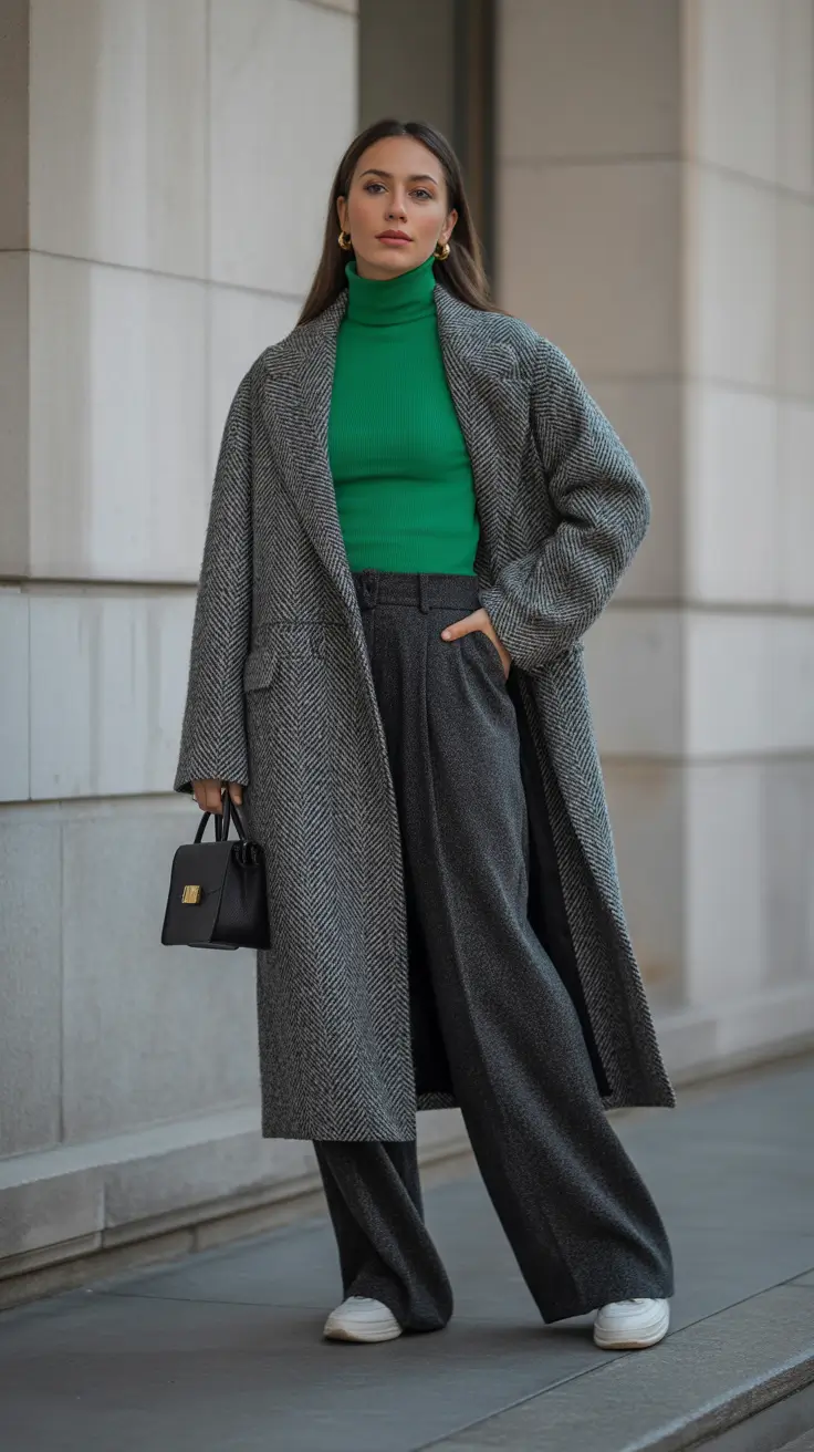 March Outfits Ideas 2026 + Emerald Knit And Herringbone Coat For City-Chic March Days
