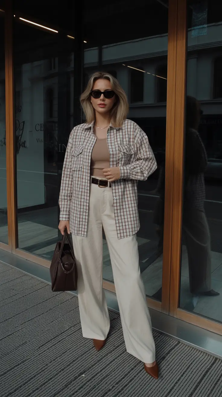 March Outfits Ideas 2026 + Plaid Overshirt And Cream Trousers For A Cool-Girl Neutral Moment