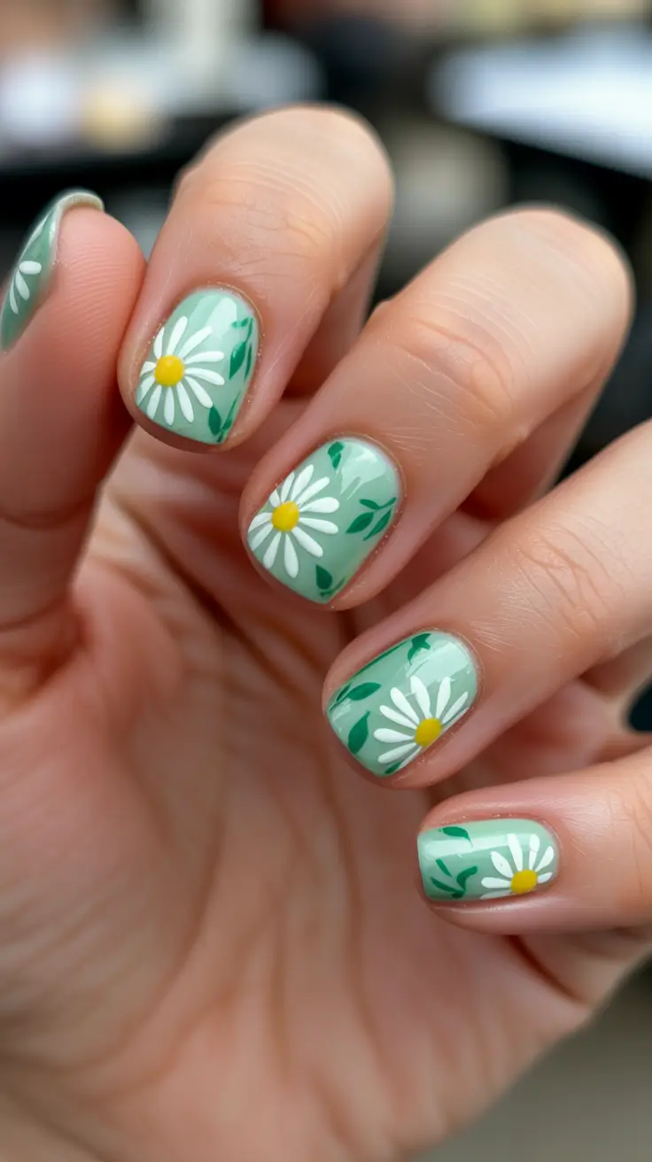 chic short spring nails 2026 + Mint Garden Daisies With Leafy Detail