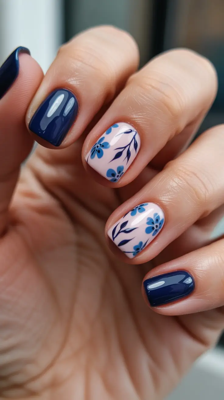 chic short spring nails 2026 + Navy Micro-Florals With Porcelain Energy