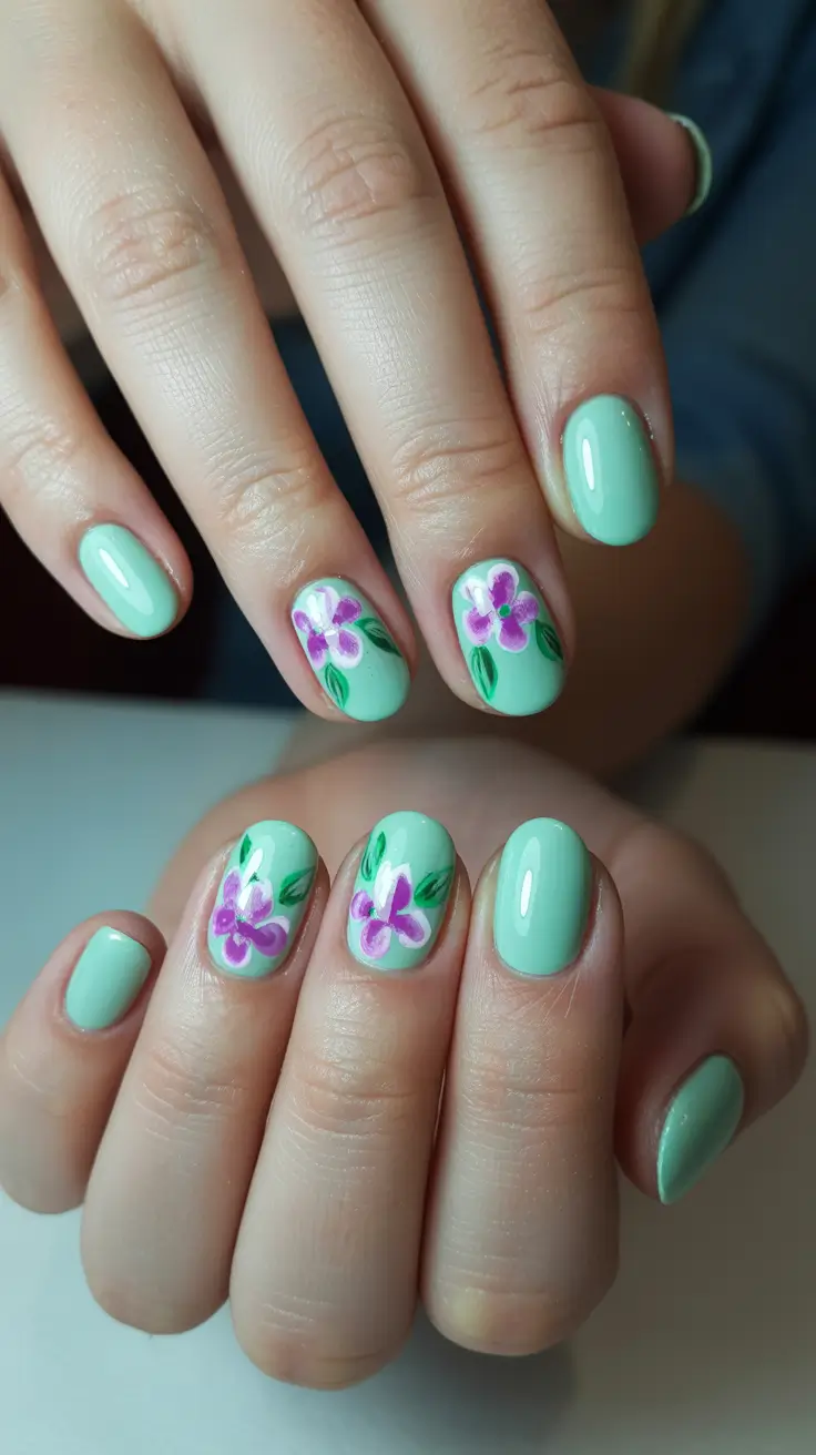 chic short spring nails 2026 + Fresh Mint With Tiny Purple Blooms