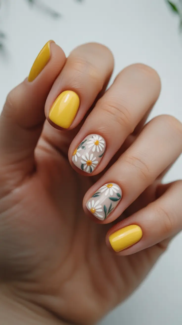 chic short spring nails 2026 + Sunny Yellow With Minimal Daisy Accents