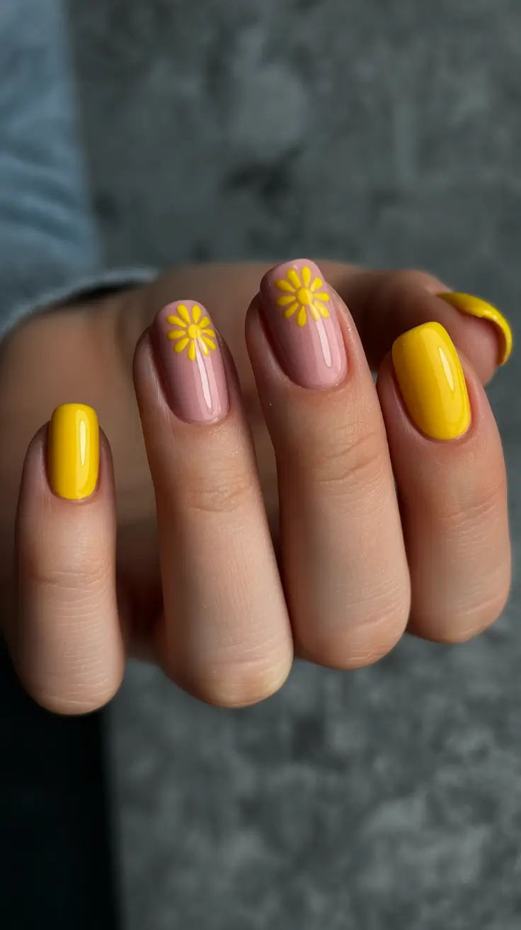 chic short spring nails 2026 + Sunny Daisies With A Clean Nude Base