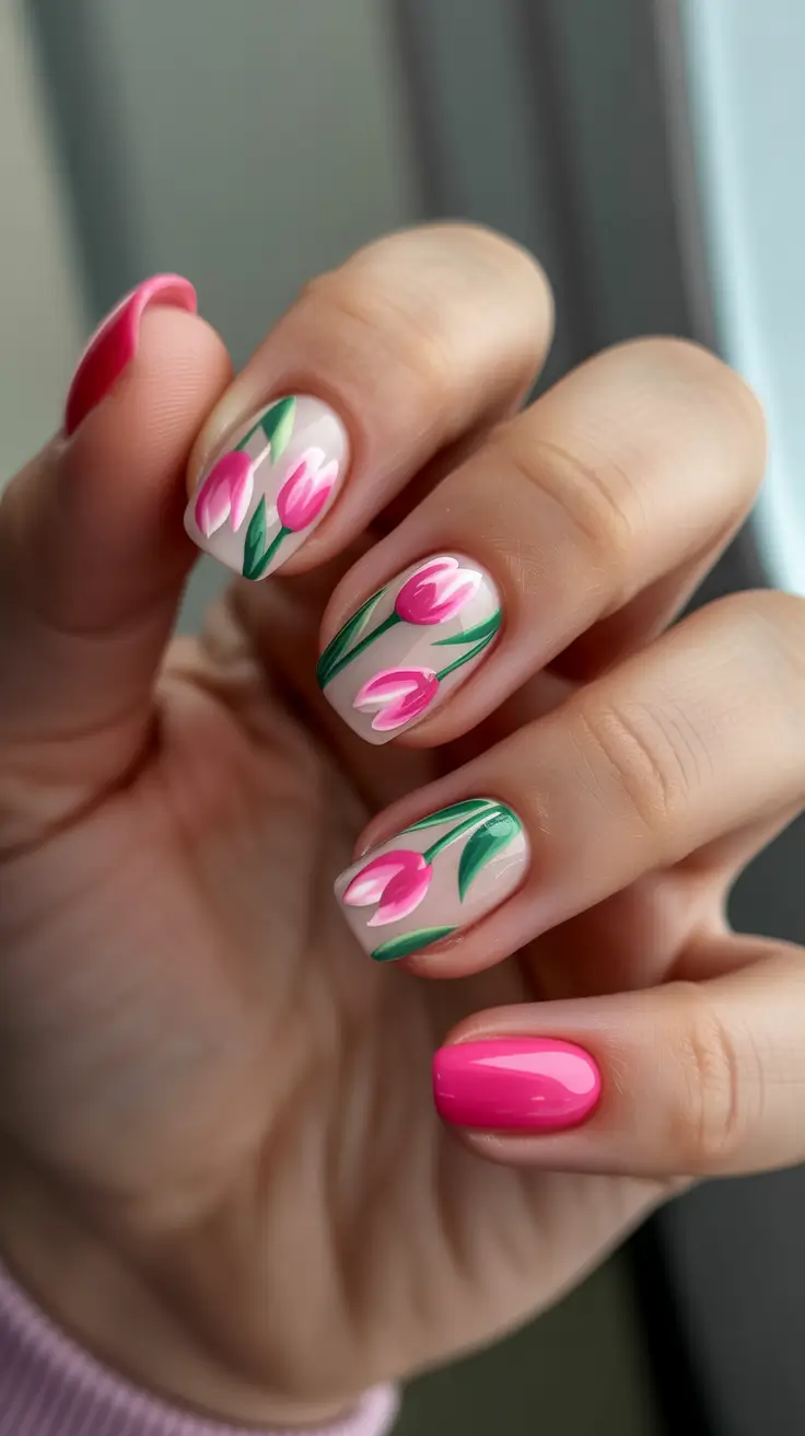 chic short spring nails 2026 + Pink Tulip Tips For A Soft Romantic Pop