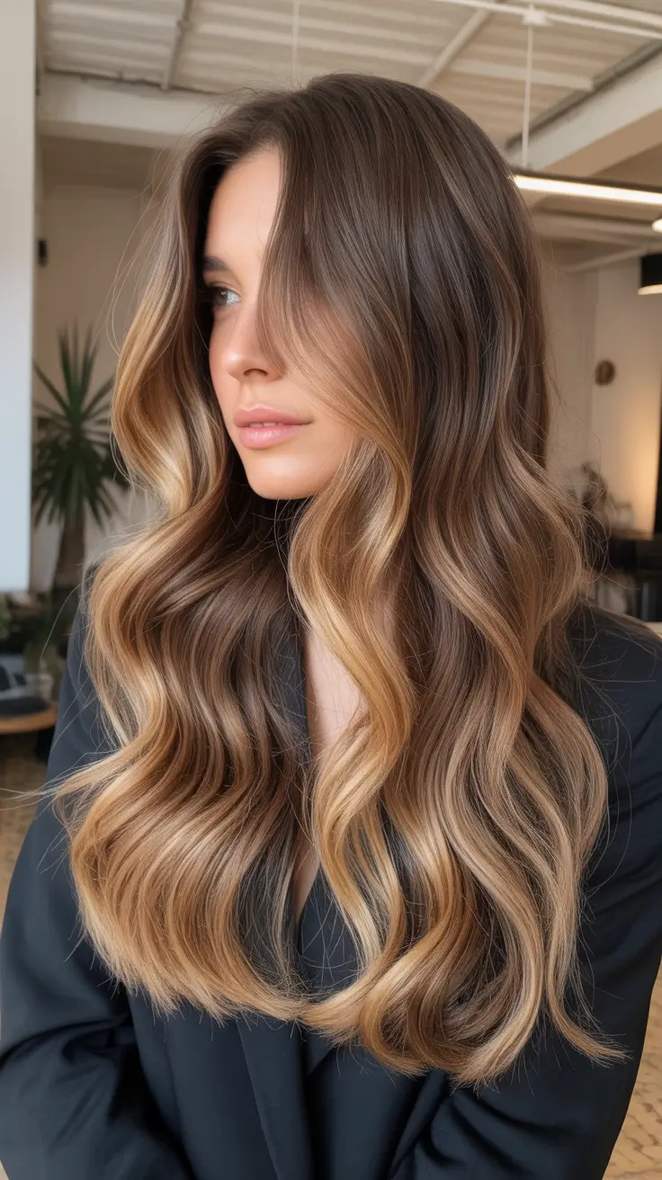 fresh spring balayage hair color 2026 + Honey-Ribbon Brunette Balayage With Glossy Waves