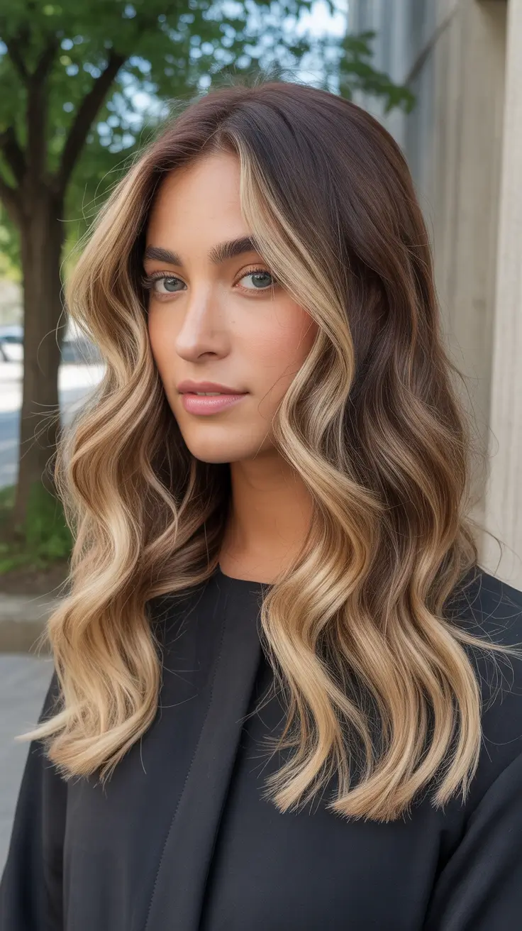fresh spring balayage hair color 2026 + Golden Beige Balayage With Soft Ribbon Dimension