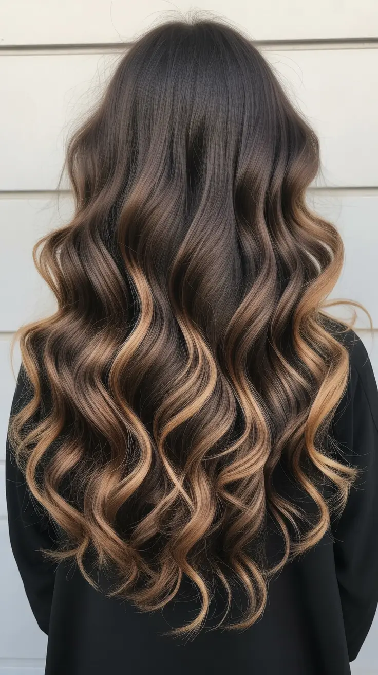 fresh spring balayage hair color 2026 + Deep Dark Brown Waves With Honey-Caramel Ribbons