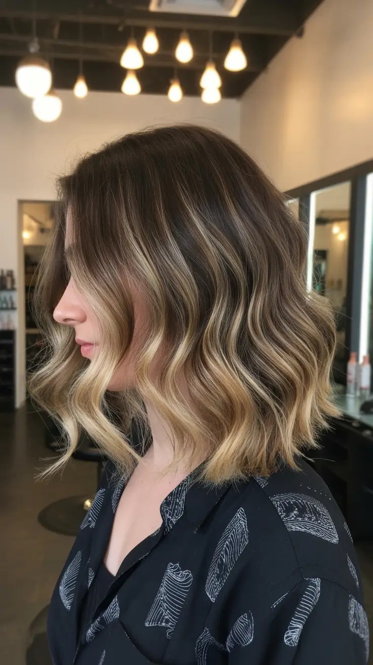 fresh spring balayage hair color 2026 + Wavy Long Bob Balayage With Bright Blonde Ends