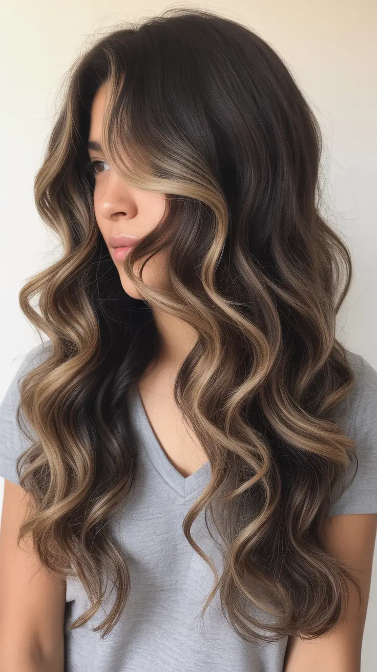 fresh spring balayage hair color 2026 + Moody Brunette Balayage With Creamy Face-Framing Ribbons