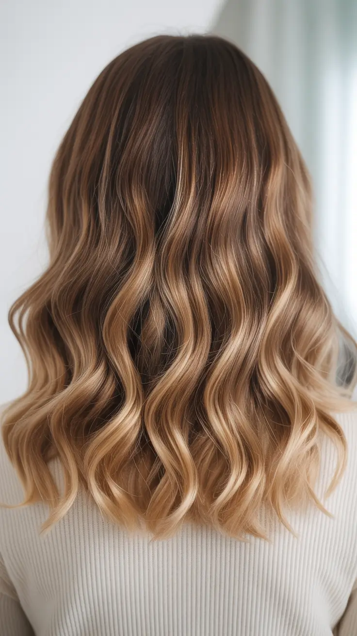 fresh spring balayage hair color 2026 + Warm Honey Caramel Balayage On Mid-Length Waves