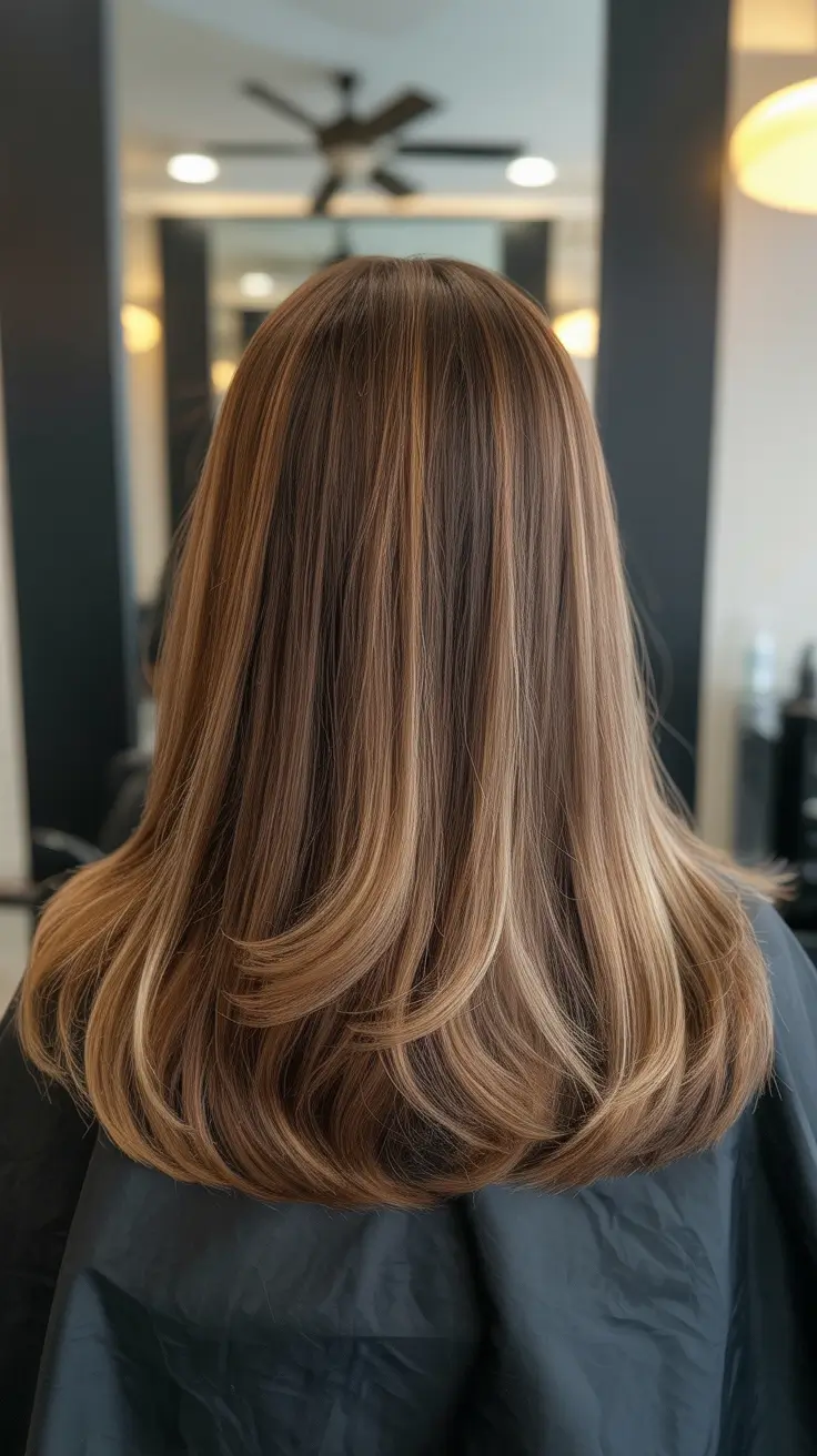 fresh spring balayage hair color 2026 + Sleek Honey Brown Balayage Blowout With Soft Bend