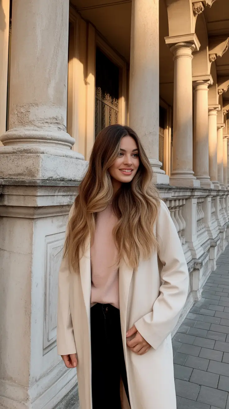 fresh spring balayage hair color 2026 + Golden Caramel Brunette Balayage With Soft Waves