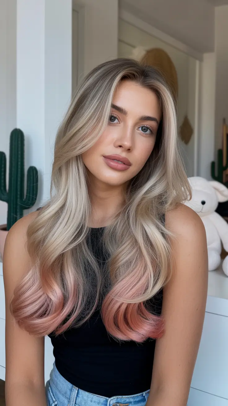 fresh spring balayage hair color 2026 + Cool Blonde Balayage With A Rosy Spring Melt