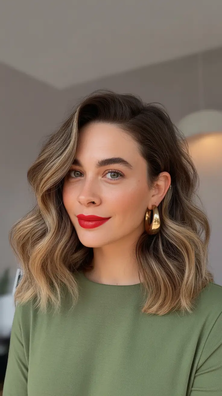 fresh spring balayage hair color 2026 + Side-Parted Wavy Bob With Soft Brunette Balayage