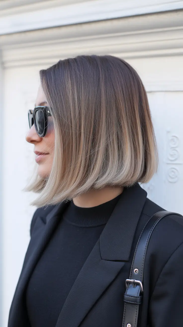 fresh spring balayage hair color 2026 + Sleek Dark Rooted Lob With Ashy Blonde Ends