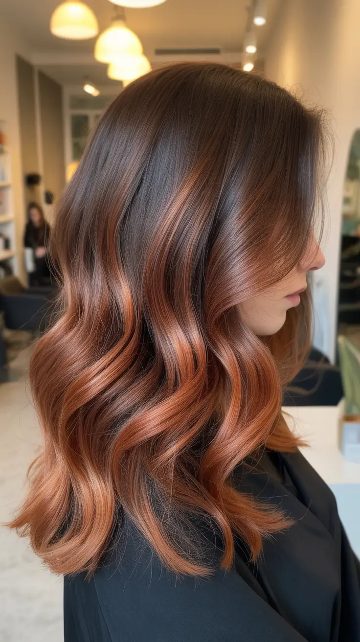 best spring balayage hair color ideas 2026 + Copper Ribbon Balayage On A Soft Brunette Base