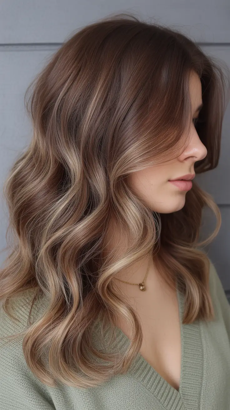 best spring balayage hair color ideas 2026 + Champagne Beige Balayage On Long, Bouncy Layers