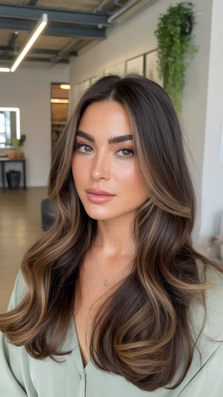 best spring balayage hair color ideas 2026 + Caramel Balayage On A Glossy Brunette Blowout