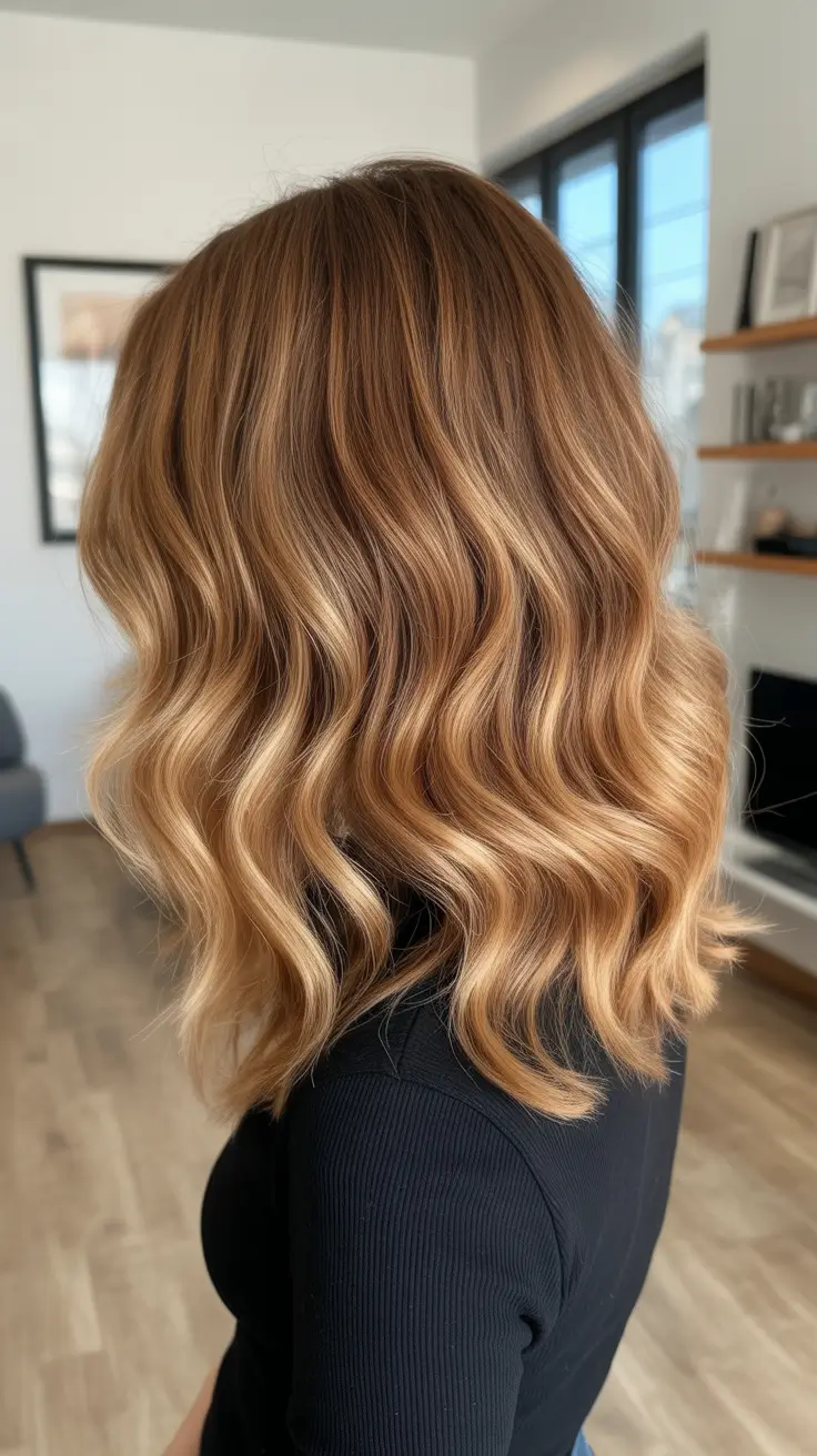 best spring balayage hair color ideas 2026 Golden Caramel Balayage Long Bob With Soft Waves