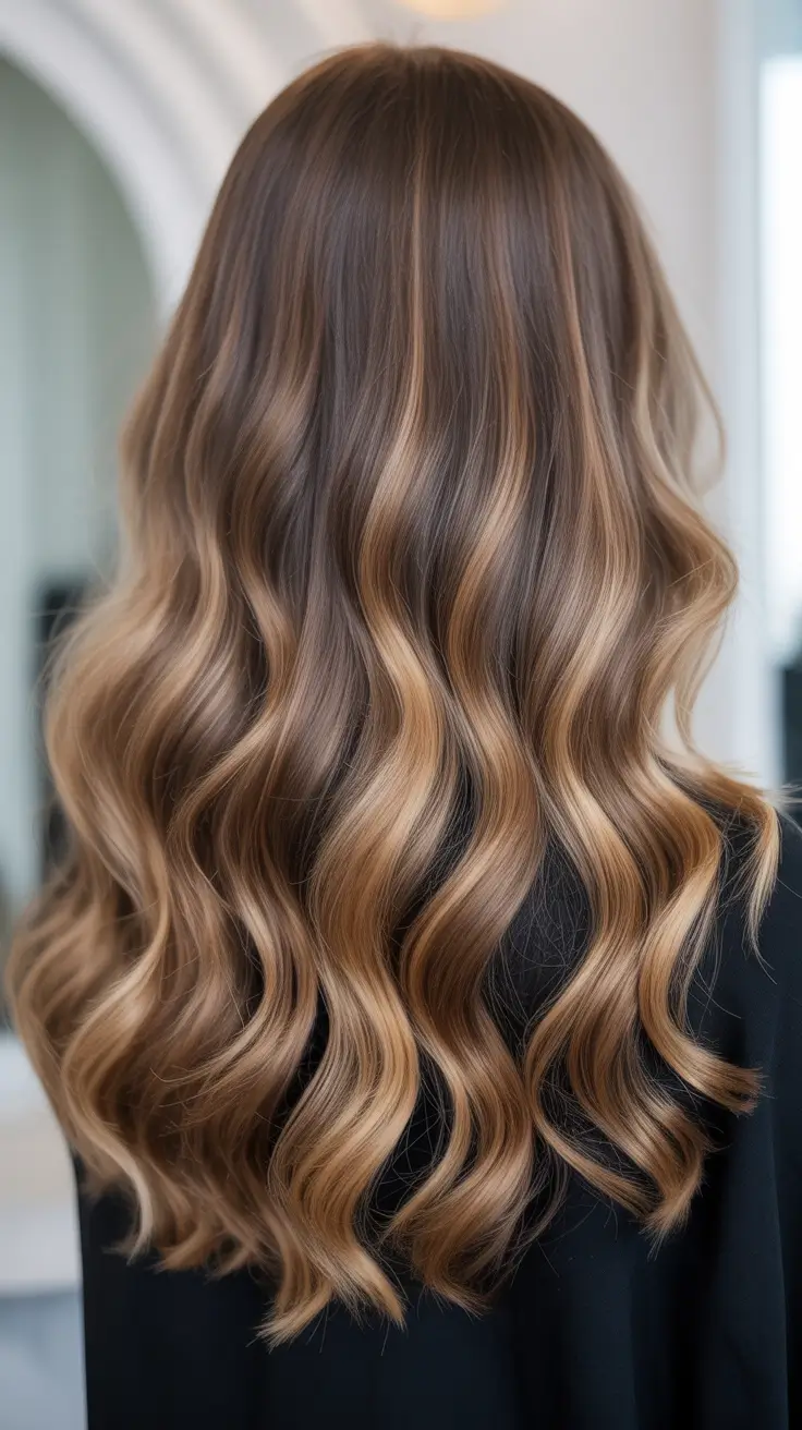 best spring balayage hair color ideas 2026 Caramel Ribbon Balayage Through Long, Glossy Waves