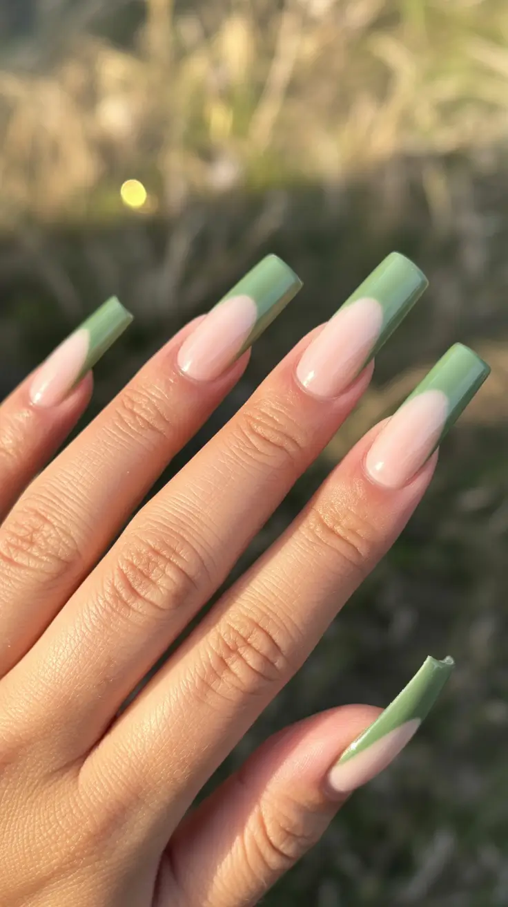 soft spring ballerina nails 2026 + Sage French Tips With A Soft Blush Base