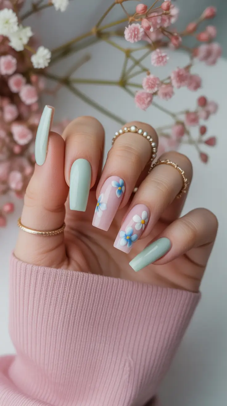 soft spring ballerina nails 2026 + Mint Matte With Blue Daisy Accents