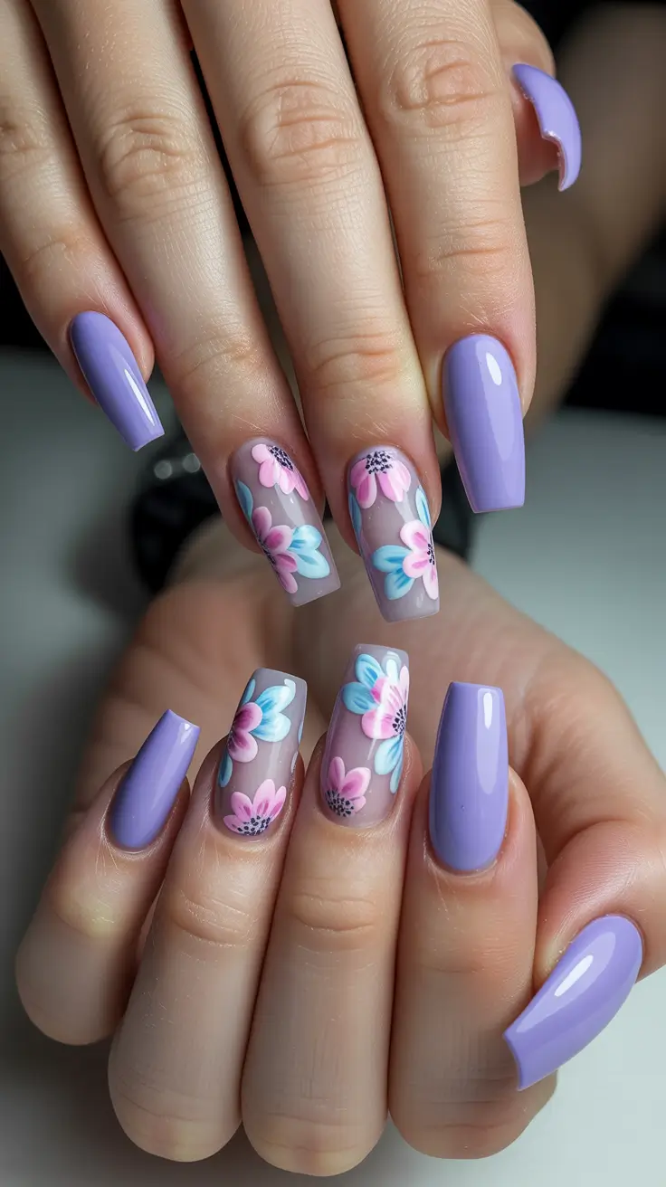 soft spring ballerina nails 2026 + Periwinkle Florals On A Soft Neutral Base