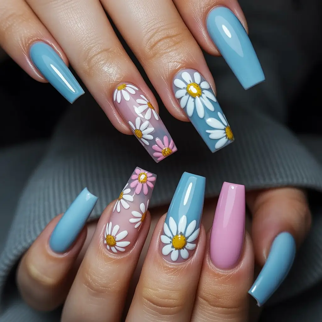 soft spring ballerina nails 2026 + Baby Blue And Blush Daisy Garden Ballerina