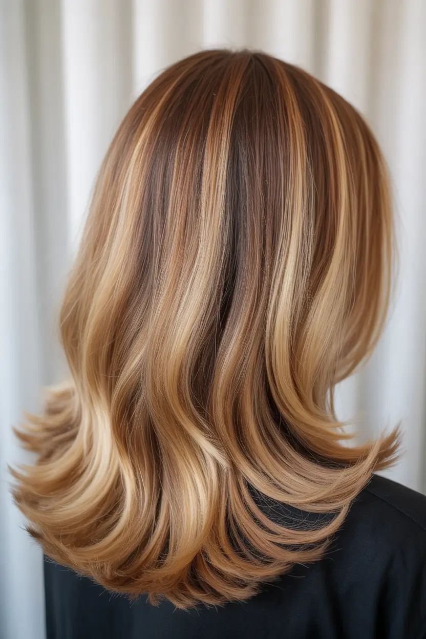 modern spring blonde hair color inspiration 2026 Golden Caramel Ribboned Layers