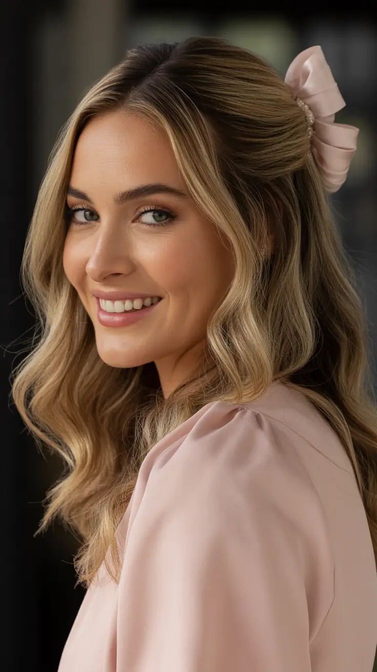 elegant spring bow hairstyles for 2026 Soft Half Up Waves With A Blush Bow