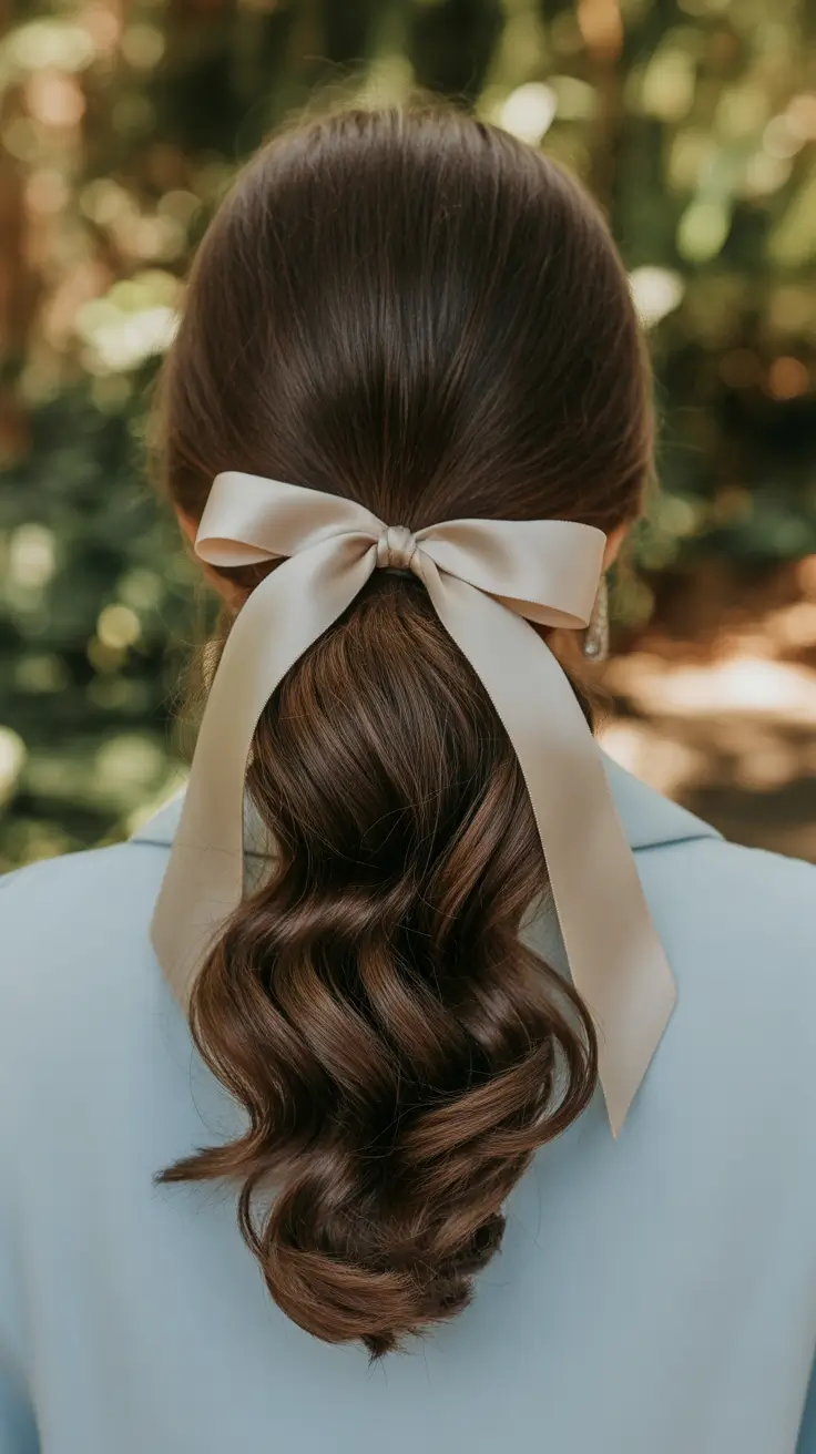 elegant spring bow hairstyles for 2026 Garden Low Pony With A Cream Bow And Glossy Waves